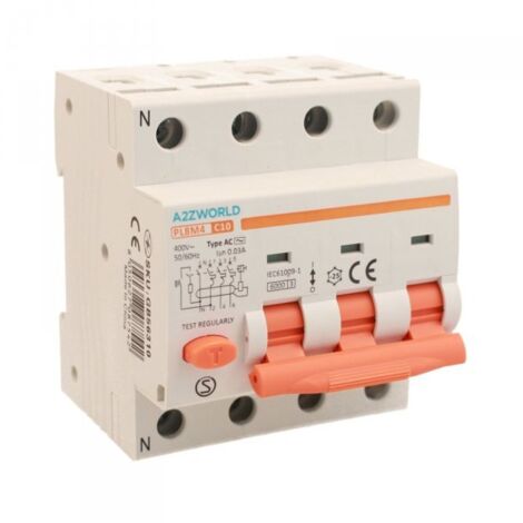 RCBO Interruttore Magnetotermico Differenziale Tipo AC Curva C 3P+N 4M 6000A 30mA C10A AC 400V IP20 IEC61009-1 PL8M4