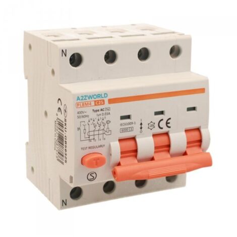 RCBO Interruttore Magnetotermico Differenziale Tipo AC Curva C 3P+N 4M 6000A 30mA C25A AC 400V IP20 IEC61009-1 PL8M4