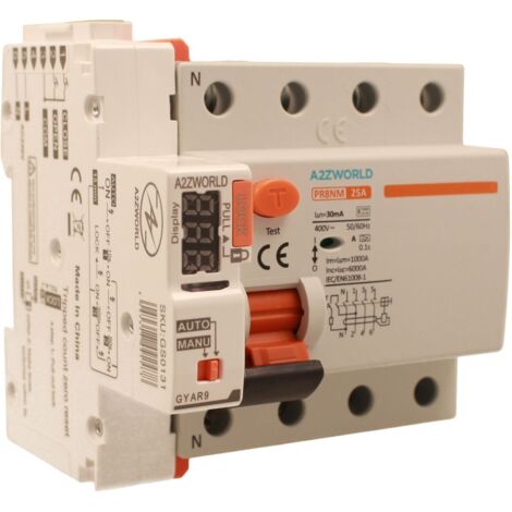 RCCB Interruttore Differenziale Puro Riarmo Automatico, Tipo A 3P+N 5M 6000A 30mA 25A AC 400V IP20 IEC61008-1 PR8NM