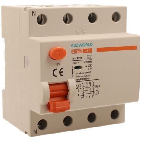 RCCB Interruttore Differenziale Puro Tipo A 3P+N 4M 6000A 30mA 25A AC 400V IP20 IEC61008-1 PR8NM