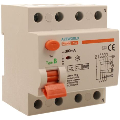 RCCB Interruttore Differenziale Puro Tipo B 3P+N 4M 10000A 300mA 25A AC 400V IP20 IEC61008-1 / IEC62423 PR8HM