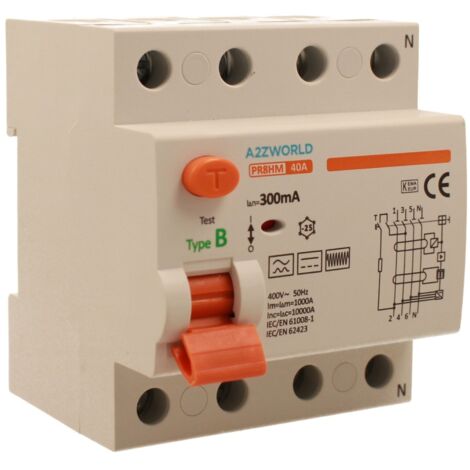 RCCB Interruttore Differenziale Puro Tipo B 3P+N 4M 10000A 300mA 40A AC 400V IP20 IEC61008-1 / IEC62423 PR8HM