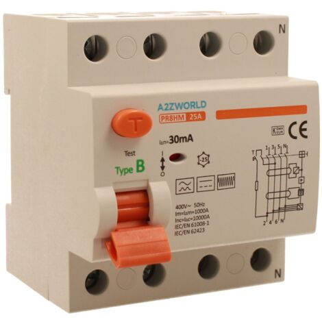 RCCB Interruttore Differenziale Puro Tipo B 3P+N 4M 10000A 30mA 25A AC 400V IP20 IEC61008-1 / IEC62423 PR8HM
