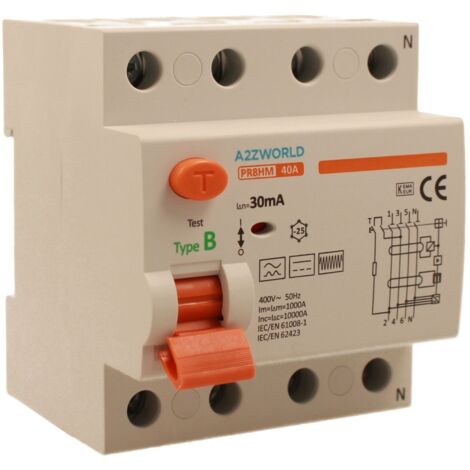 RCCB Interruttore Differenziale Puro Tipo B 3P+N 4M 10000A 30mA 40A AC 400V IP20 IEC61008-1 / IEC62423 PR8HM