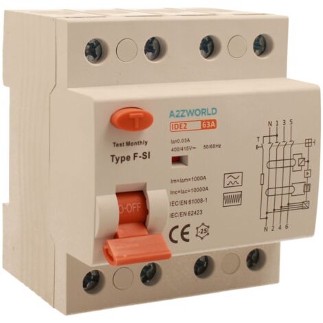 RCCB Interruttore Differenziale Puro Tipo F - SI 3P+N 4M 10000A 30mA Super Immunizzato 63A AC 400V IP20 IEC61008-1