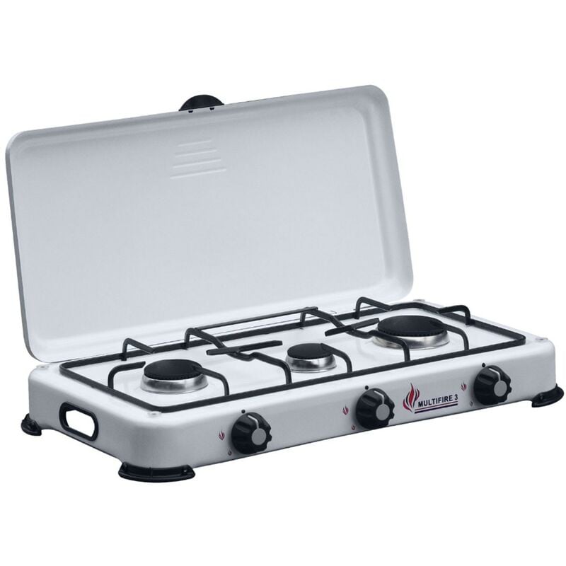 Réchaud gaz 3 feux 4100W - Brûleurs fonte Grille et Couvercle - Plaque de Cuisson Gaz Butane ou Propane