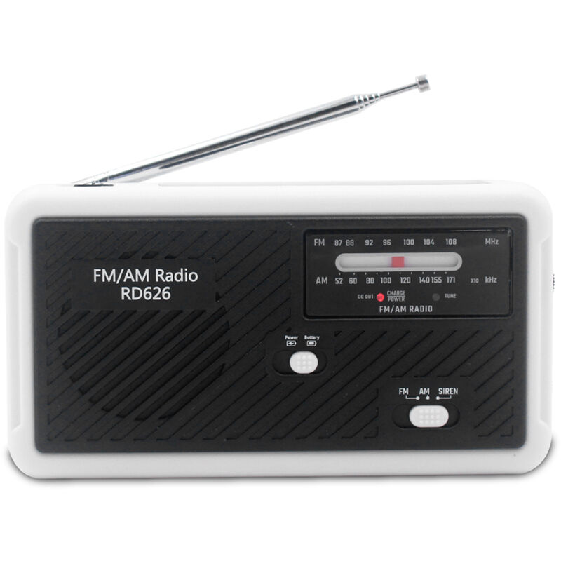 

RD626 FM AM de banda dual Digital Power Bank 1000mAh bateria recargable de radio de manivela solar de la emergencia linterna LED sirena micro USB de