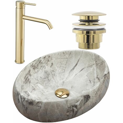 REA SET VON AUFSATZWASCHBECKEN LINDA STONE + WASCHBECKENARMATUR LUNGO GOLD + STÖPSEL GOLD