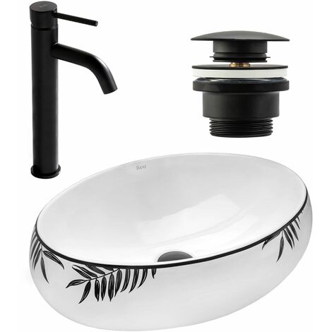 REA SET VON AUFSATZWASCHBECKEN SHILA + WASCHBECKENARMATUR LUNGO BLACK MATT + STÖPSEL BLACK MATT
