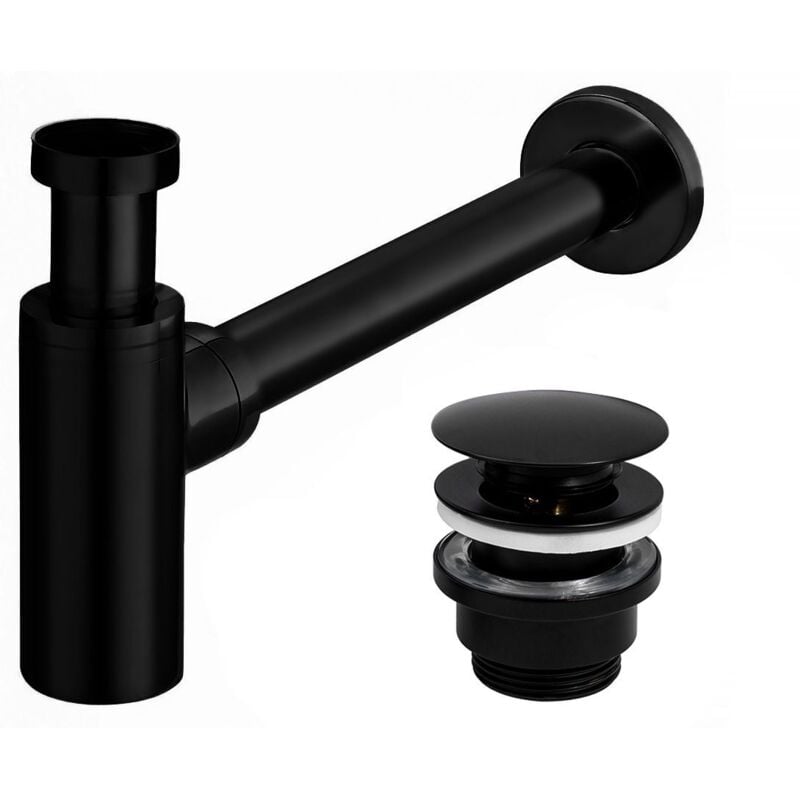 Siphon de lavabo noir en laiton avec bouchon clic-clac universel