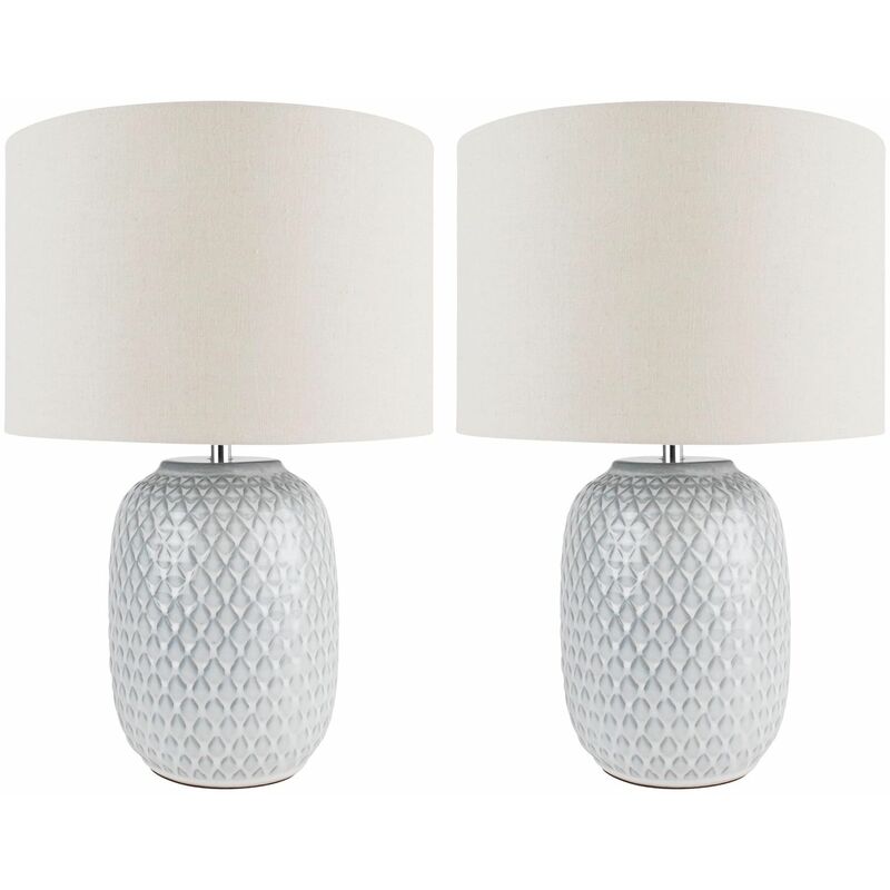 Set of 2 Reactive Glazed Textured Grey Ceramic Table Light with Natural Linen Cylinder Fabric Shade