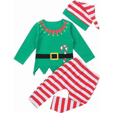 READCLY-Bébé Naissance Déguisement de Lutin Costume Pères Noël Body Barboteuse Manche Longue + Pantalon Rayé + Chapeau Noël Tenue Fête Halloween Fille Garçon 0-12 Mois
