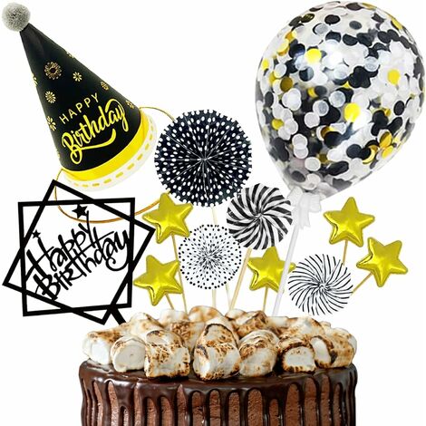 READCLY-Decoration Gateau Anniversaire,Joyeux Anniversaire Cake Topper Gâteau Anniversaire Décoration Confettis Ballon Étoiles Gâteau Topper,pour Décorer Gâteau d'anniversaire Fête (Noir)