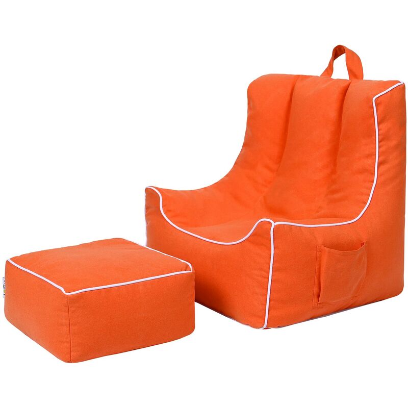 Kids Bean Bag Chair with Footstool for Indoor, Comfy and Soft Playing room Beanbag & Footrest with Carry Handle for Living room, Orange - Ready