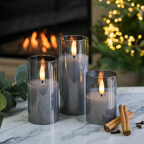 Real Wax Authentic Flame LED Candle Grey Smoked Glass 3 Pack Battery Operated| Indoor Home Flickering Flameless - Grey