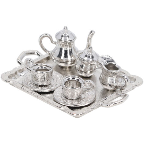 Realistisches Miniatur-Teeservice aus Metall im Maßstab 1:12 für Puppenhäuser mit Tablett und Tassen
