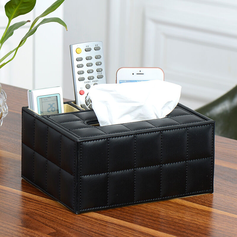 Image of Scatola per fazzoletti rettangolare in ecopelle con telecomando Elegante ed elegante scatola per fazzoletti per l'home office nera - Rhafayre