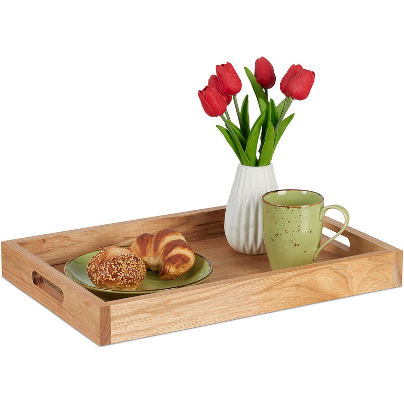 Reaxdays Plateau de service, rectangulaire, bois et mdf, avec poignées, bord élevé, hlp : 5 x 46 x 31 cm, nature