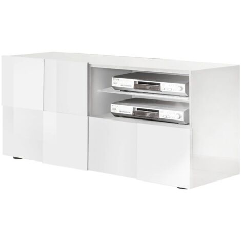 REBECCA - Meuble TV 121 cm Finition Blanc Laqué Weiss Relief Damiers et Leds