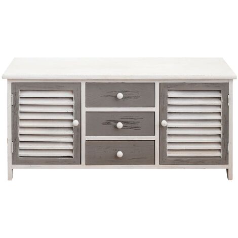 Rebecca Mobili Armoire Meuble TV 2 Portes 3 Tiroirs Bois Blanc Gris 44x90x34