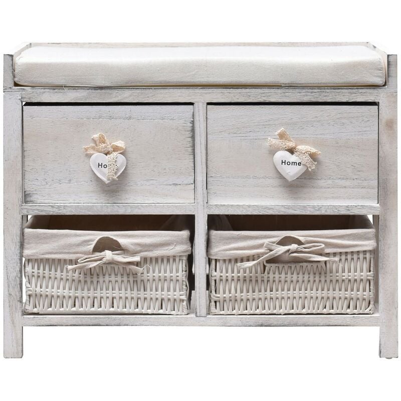 Rebecca Mobili Banc Banquette Assise 2 Tiroirs Bois Blanc Shabby 46x60x30