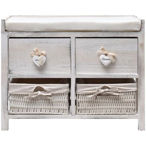 Rebecca Mobili Banc Banquette Assise 2 Tiroirs Bois Blanc Shabby 46x60x30