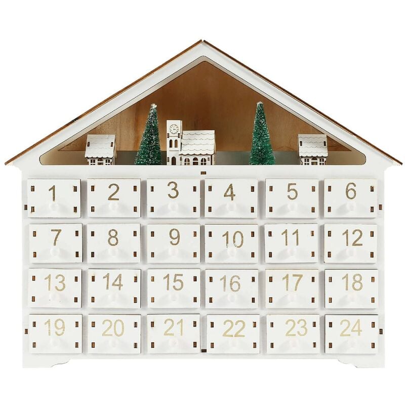 Rebecca Mobili Calendrier de l'Avent en Bois Blanc avec 24 Tiroirs et Lumières Idées Cadeaux