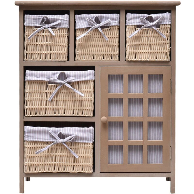 Rebecca Mobili Commode 5 Paniers 1 Porte Bois Osier Beige Country 70x60x30