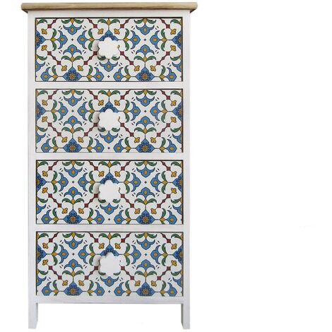 Rebecca Mobili Cómoda  4 Cajones Madera  Mayólica Blanco Claro Azul 76x40x30