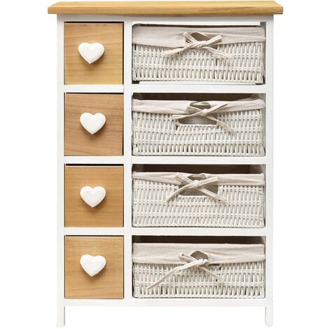 Rebecca Mobili Comoda 4 Cajones Madera Mimbre Blanco Marron 71x51x30