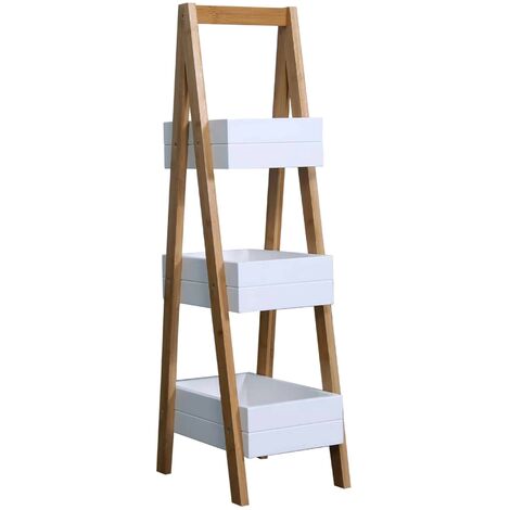 Rebecca Mobili Estantería de baño con 3 Estantes Mdf Bambu Blanco Marrón