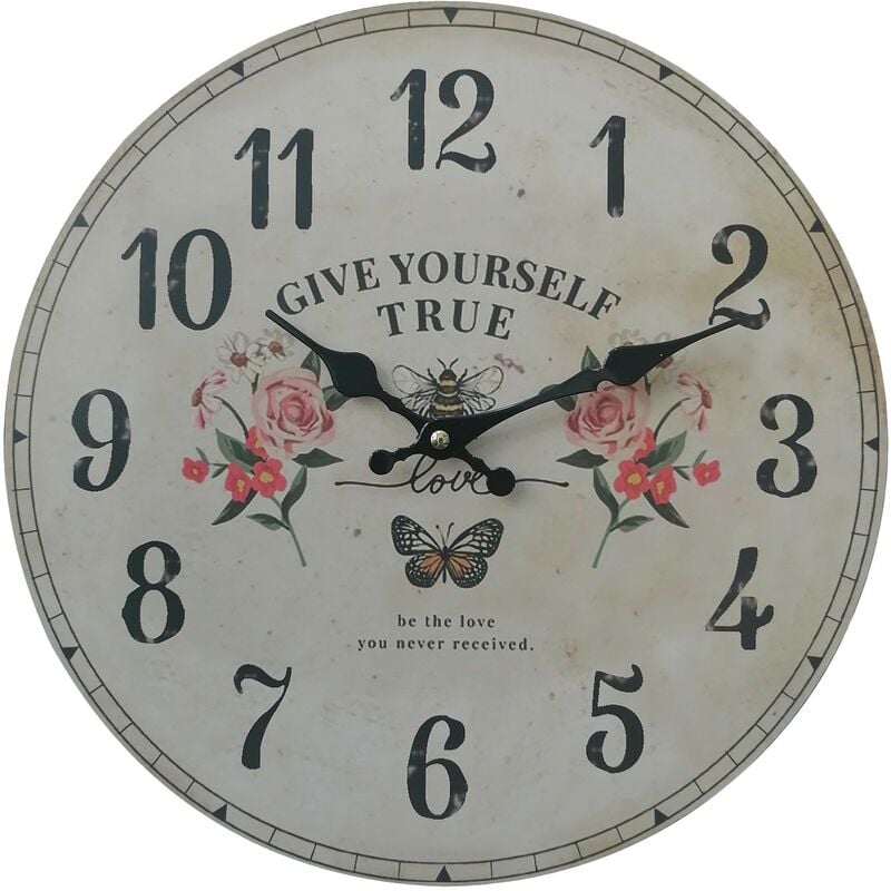 Mobili Rebecca - Rebecca Mobili Horloge Murale Ronde Blanc Mdf Imprimé Floral Style Shabby