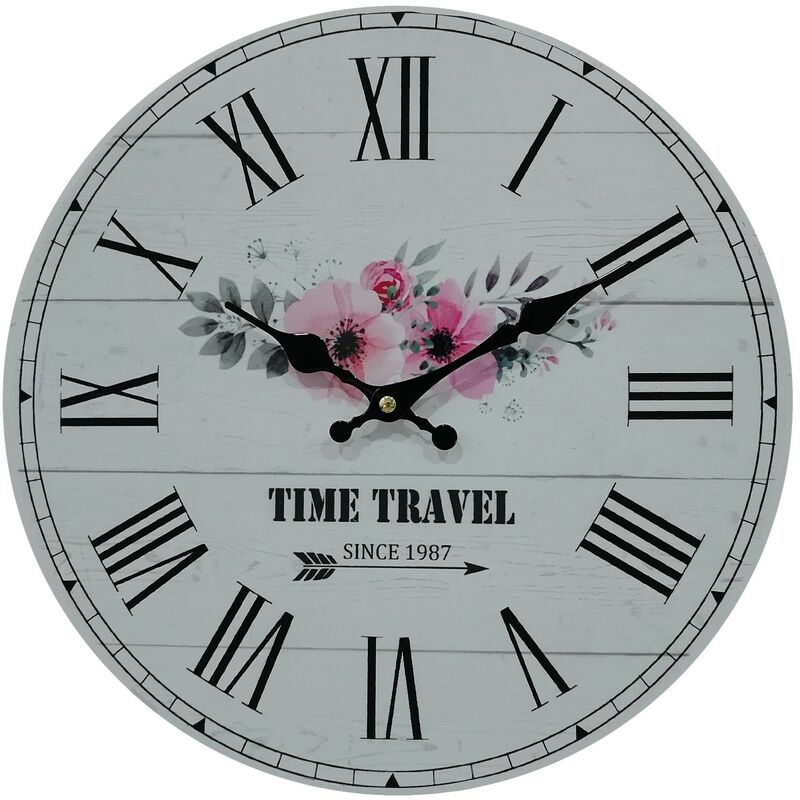 Mobili Rebecca - Rebecca Mobili Horloge Murale Shabby Mdf Blanc Thème Floral pour Salon Cuisine