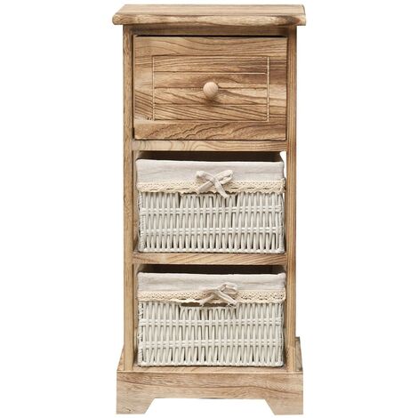 Rebecca Mobili Mesita de noche 3 Cajones Madera Mimbre Natural 63x30x27