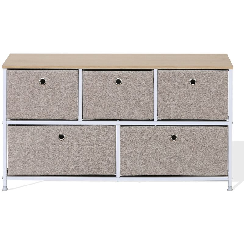 Mobili Rebecca - Rebecca Mobili Meuble de rangement bas Chiffonier à 5 tiroirs en metal et tissu blanc beige