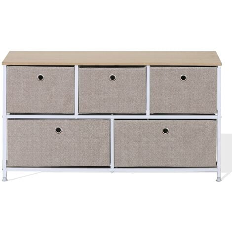 MOBILI REBECCA Rebecca Mobili Meuble de rangement bas Chiffonier à 5 tiroirs en metal et tissu blanc beige