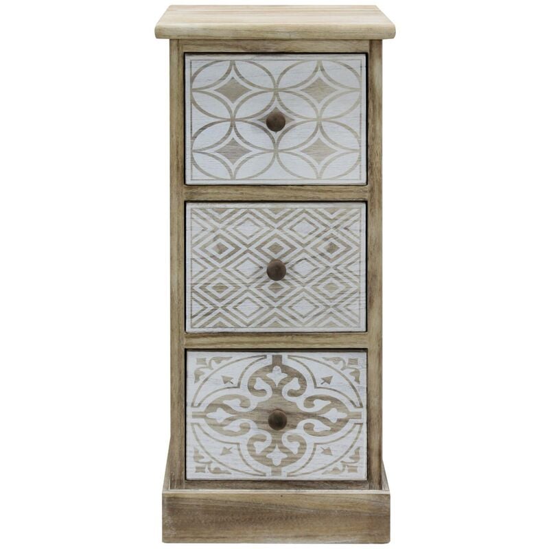Rebecca Mobili Table de Chevet 3 Tiroirs Bois Beige Blanc Rétro Compacte 63x29x25