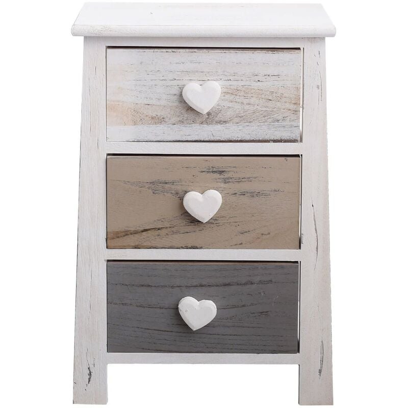 Rebecca Mobili Table de Chevet 3 Tiroirs Bois Blanc Gris Beige Coeur 57x37x27