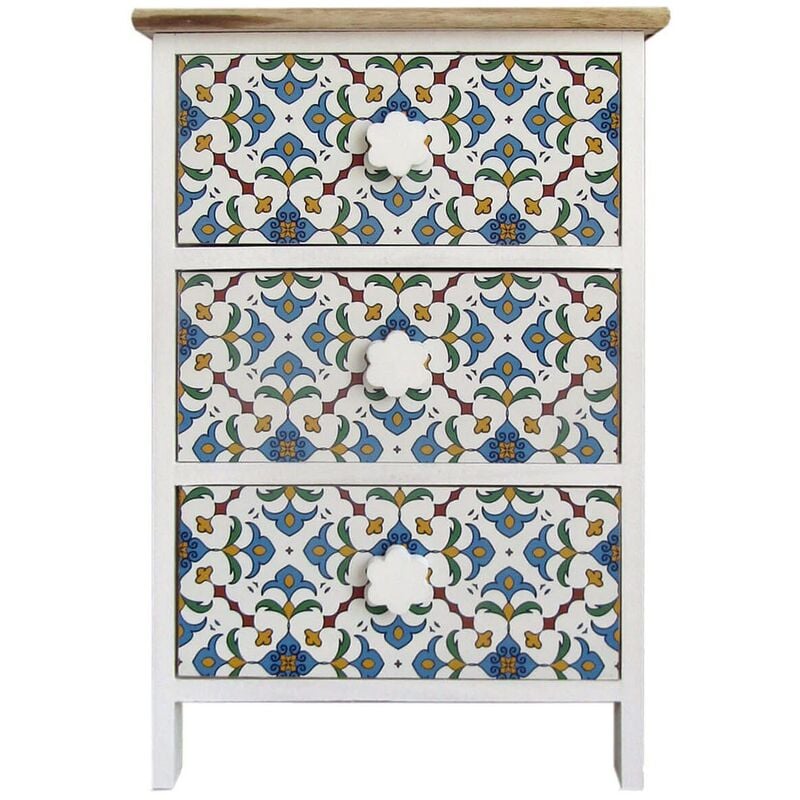 Rebecca Mobili Table de chevet 3 Tiroirs Bois Majolique Blanc 60x40x30
