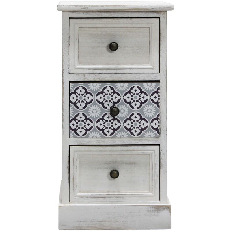 Rebecca Mobili Table de Chevet 3 Tiroirs,Petite Commode en Bois mdf, Blanc GrisShabby 59.5x30x25 cm