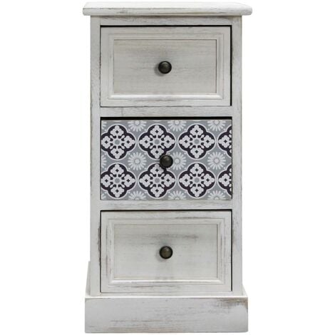 MOBILI REBECCA Rebecca Mobili Table de Chevet 3 Tiroirs,Petite Commode en Bois MDF, Blanc GrisShabby 59.5x30x25 cm