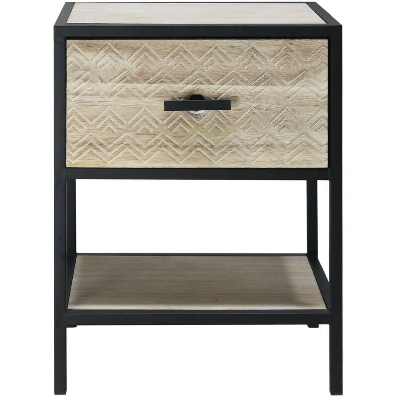 Rebecca Mobili Table de Chevet Avec Étagère, Meuble de Chambres Métal et Bois,Beige Noir 1 Tiroir 47.5x35x25 cm