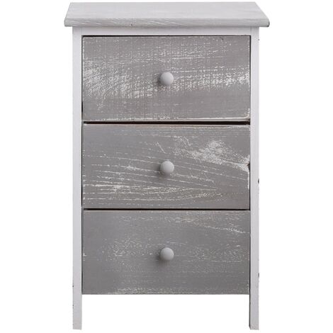Rebecca Mobili Table de Chevet Commode 3 Tiroirs Bois Gris Blanc Shabby 54x35x30