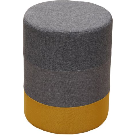 Rebecca Mobili Tabouret Repose-Pieds Pouf Rond Bois Tissu Jaune Gris 45x35x35