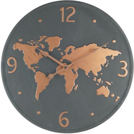 Rebecca Mobili Wanduhr Weltkarte Metall Dunkelgrau Braun 45x45x4,5