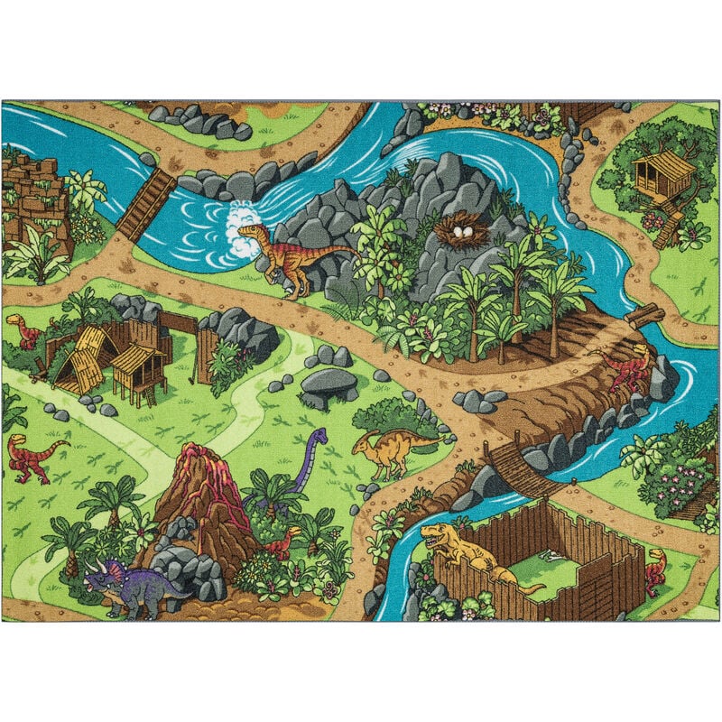 REBEL ROADS CARPET Dino World 29 Dinosaurs, non-slip for children - grey / green multicolour 140x200 cm