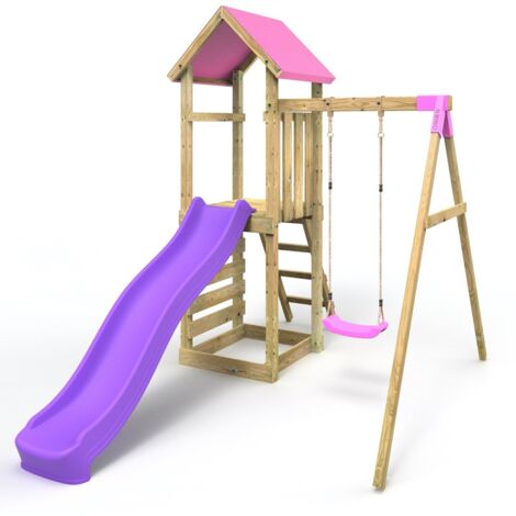 Rebo Adventure Wooden Climbing Frame, Swing Set and Slide - Rushmore Pink