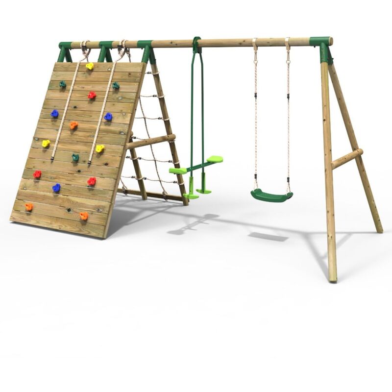 Beat The Wall Wooden Swing Set with Double up & Over Climbing Wall – Peak - Rebo