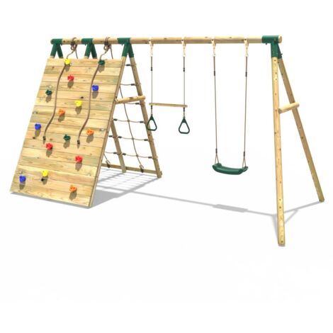 Rebo Beat The Wall Wooden Swing Set with Double up & Over Climbing Wall – Pinnacle