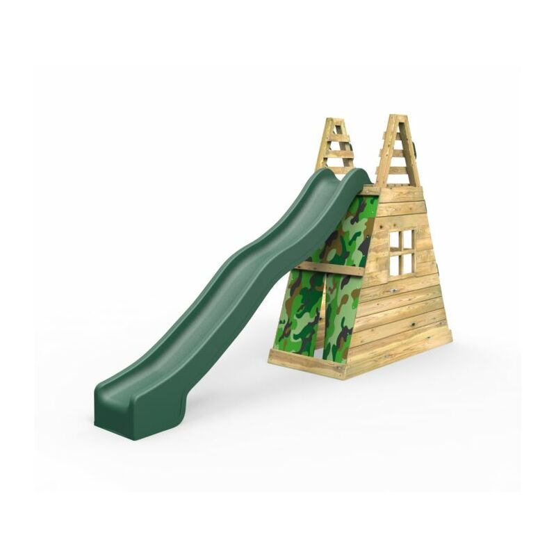 Rebo Children's Wooden Free Standing 10ft Kids Water Slide with Adventure Wall and Den - Green